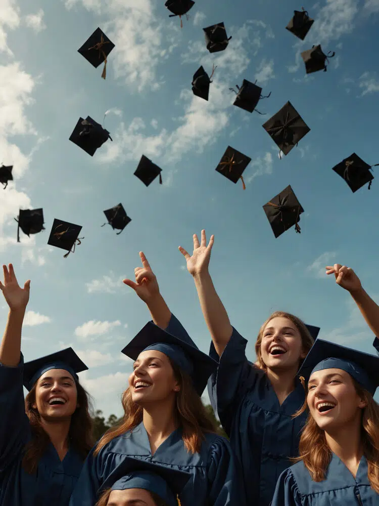 university students throwing caps to the sky