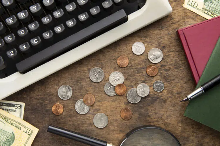 close up of a pile of coins on a table